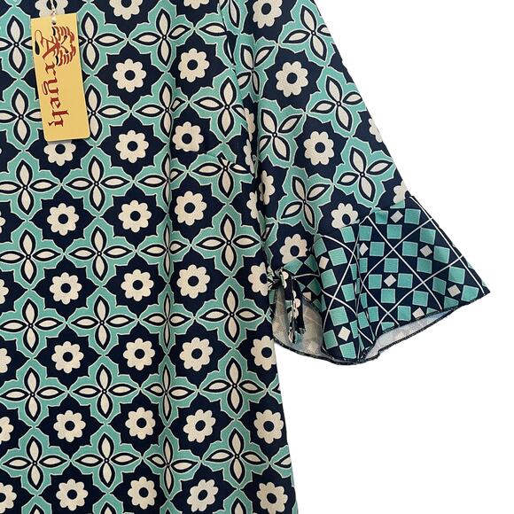 Aryeh NEW Geo Floral Border Dress Women's Large Teal Navy Bell Sleeves Flowy NWT - Picture 3 of 9